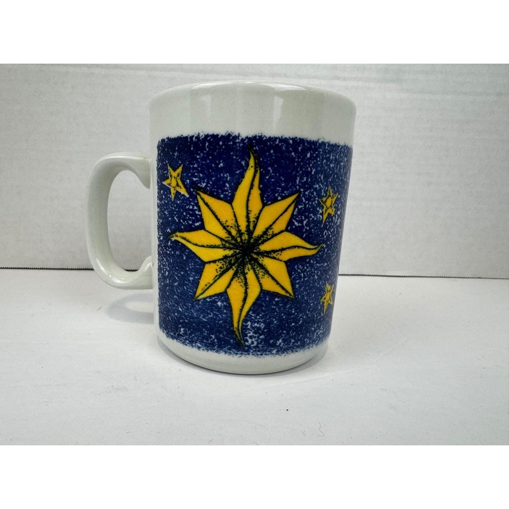 Vintage 90's Britain Celestial Sun and Stars Blue White Ceramic Coffee Mug